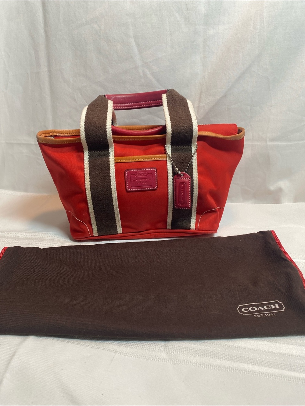 Coach Hamptons Red Canvas Mini Tote with Brown and Cream Striped Handles